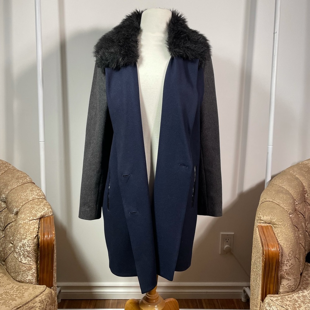 DKNYC Wool blend faux fur trimmed coat